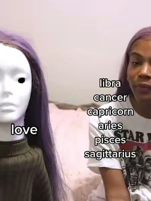 The image shows a split screen. On the left, a mannequin head with stylized features and purple hair. On the right, a person with purple hair is smiling and looking towards the right. Text overlays indicate zodiac signs and a greeting.
