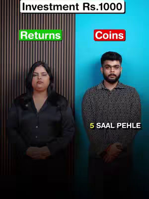 The image is split vertically. On the left, a woman in a black blazer stands against a brown background with vertical stripes. On the right, a man in a patterned shirt stands against a blue background. Text overlays include 'Investment Rs.1000' at the top, 'Returns' in green on the left, 'Coins' in red on the right, and '5 SAAL PEHLE' in yellow at the bottom right.