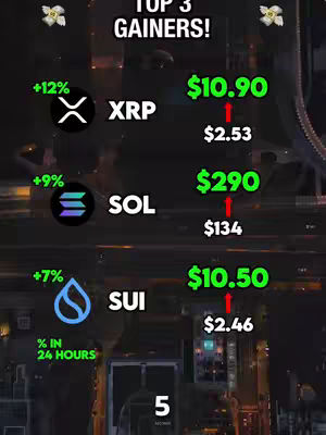 A vertical image showing a data visualization about cryptocurrency gains. The image is divided into sections showing logos, the cryptocurrency name, percentage changes, current price, and the base price. The background is a blurred image of city lights. The layout is modern and clean.
