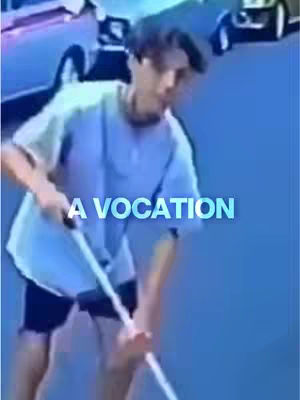 A young man in a light blue t-shirt and dark shorts appears to be sweeping, holding a long-handled sweeping tool. The background is blurred with a blue tone, and the text 'A VOCATION' is overlaid on the image.