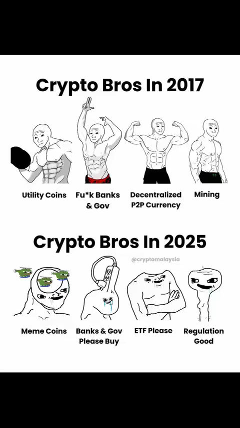 A meme comparing the persona of crypto enthusiasts in 2017 versus 2025. The image is a vertical split, with the top half showing idealized, muscular figures and the bottom half showing meme-style caricatures. Text overlays describe each era's focus.