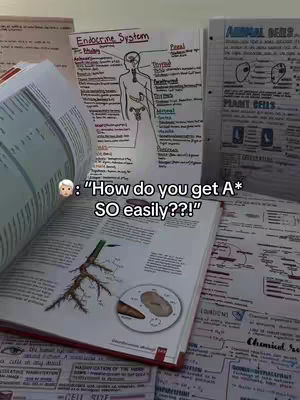 The image shows a collection of open textbooks and handwritten notes on a table. The notes appear to be studying biology and chemistry, featuring diagrams and labeled illustrations. A text overlay asks, How do you get A* SO easily??. The overall composition is cluttered and suggests a study environment, with a focus on academic content.