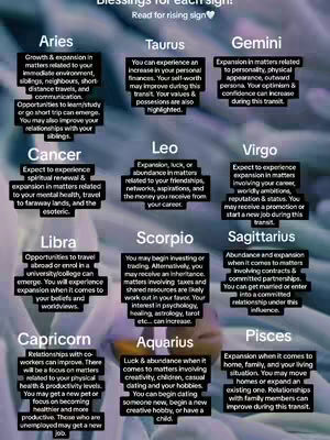 The image is a vertical graphic with a dark background, featuring a grid of text boxes. Each box contains information related to the astrological signs—Aries, Taurus, Gemini, Cancer, Leo, Virgo, Libra, Scorpio, Sagittarius, Capricorn, Aquarius, and Pisces. The text is white or light yellow, arranged on a darker frame. The top has text that says Blessings for each sign, with a heart symbol at the end. The background has a gradient and soft blur which adds depth and visual interest.