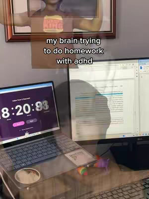 The cover image shows a desk setup with two computer screens, a laptop, and various items. The text overlay reads "my brain trying to do homework with adhd." In the background, there's a picture frame hanging on the wall.