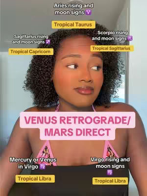 A woman with curly hair is centered in the frame, with a neutral expression, looking slightly off-camera. Overlay text includes astrological terms and planetary aspects, highlighted with various colors and positioned around the woman. The woman has light makeup.