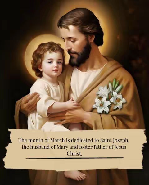An artistic depiction showing Saint Joseph holding baby Jesus, both figures appearing serene and illuminated against a soft background. A text overlay at the bottom provides contextual information about the scene.