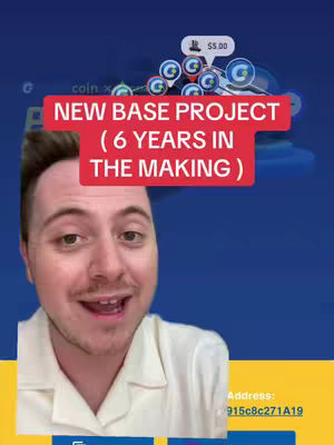 A selfie-style video cover image featuring a light-skinned man with brown hair looking directly at the camera with a slight smile. The background is a gradient of blues and yellows. Overlaying the man's head is a red rectangle with white text reading "NEW BASE PROJECT (6 YEARS IN THE MAKING)". At the top right, there's a small white speech bubble with a dollar sign and the number "$5.00" inside, accompanied by a cluster of circular icons. The bottom portion of the image features a yellow panel with white text at the bottom right.