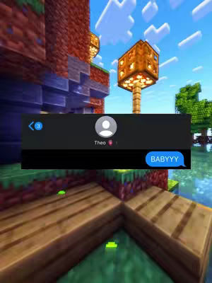 The cover image shows a scene from Minecraft, featuring a wooden platform, a floating rectangular structure with lights, and a text message overlay. The background includes Minecraft-style terrain with trees and a blue sky. The text overlay simulates a texting conversation in a black box, displaying a sender's name, 'Theo' and a bubble with the text 'BABYYY'.