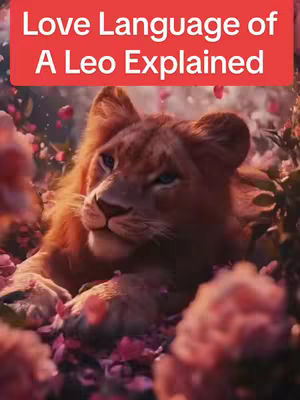 A digital artwork presents a majestic lion amidst a bed of vibrant pink and red flowers. The lion, rendered with realistic detail, is the focal point, its gaze directed towards the viewer, with its mane and fur highlighted in warm, natural tones. The text overlayed on a red bar at the top reads 'Love Language of A Leo Explained'. The background is filled with the soft focus flowers, providing a rich, textured backdrop that enhances the image's overall composition and the serene atmosphere of the image.