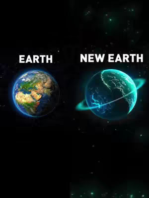 The image features two stylized depictions of planets. The left side showcases a realistic Earth with continents and oceans. The right side presents a 'New Earth,' a glowing, spherical planet with a teal color scheme and a ring of light around it. Both planets are set against a dark background with scattered stars and accompanying text. The text above the Earth reads 'EARTH,' while above the New Earth, it says 'NEW EARTH.'