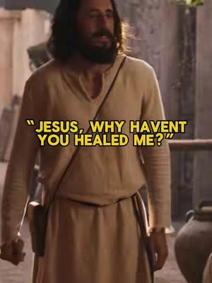 The image shows a man dressed in ancient attire, possibly portraying Jesus. He stands in a setting that appears to be a Middle Eastern environment. The text overlay features a quote questioning healing. The overall composition has a serious tone.