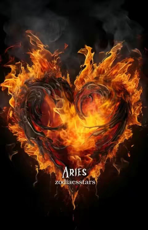 An artistic, digitally rendered image featuring a heart composed of fire. The heart shape is central, with flames and glowing embers creating the form, set against a dark backdrop that enhances the fiery glow. The word 'ARIES' is at the bottom of the heart.