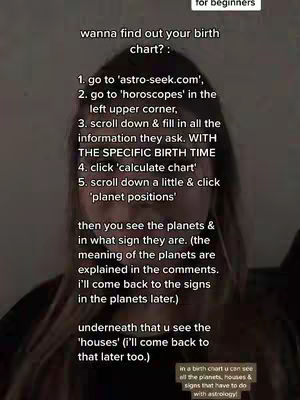 The cover image is a vertical shot featuring a person's face with text overlaid. The background is a blurred, potentially indoor setting with neutral tones. Overlaid text is organized in a list and provides instructions related to astrology. The person has long hair and is looking at the camera, with focus on the informational text.