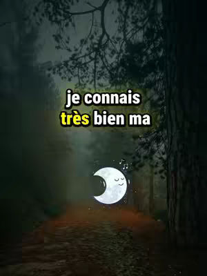 The cover image displays a stylized night scene: a forest path leads towards a glowing crescent moon with a smiling face, the text overlayed has two layers, the first one is "je connais" in a white font, and the second one "très bien ma" in yellow font over a yellow background, the scene is dark with trees on each side and mist, adding to the eerie atmosphere.