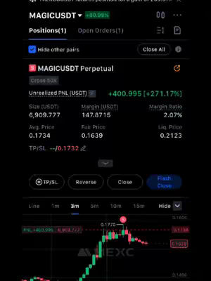A dark-themed screenshot shows a cryptocurrency trading interface. The top displays MAGICUSDT with a green upward arrow and percentage gain. Below, several data points are visible, including Positions(1), open orders(1) and a chart visualizing price fluctuations.