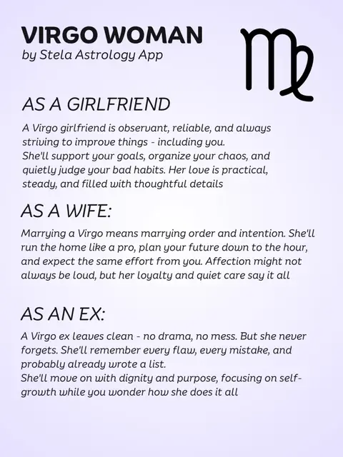 The cover image is a vertical graphic with a soft purple background. At the top, the words "VIRGO WOMAN" are displayed in a bold sans-serif font, with "by Stela Astrology App" beneath in a smaller font. To the right is the Virgo zodiac symbol. Below, the text outlines Virgo traits as a girlfriend, wife, and ex. The text is left-aligned, and the overall composition is clean and readable.