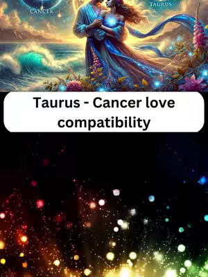 An image with a digitally painted scene featuring a couple embracing against a backdrop of a vibrant sunset over the ocean. Above them, zodiac symbols for Cancer and Taurus are visible. The foreground is dominated by a white rounded rectangle with the video title overlaid in bold black text.
