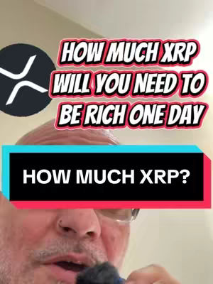 A man is holding a microphone while looking at the camera. The text in the image is asking 'How much XRP will you need to be rich one day?' overlaid on him. A black and white XRP symbol is in the background.