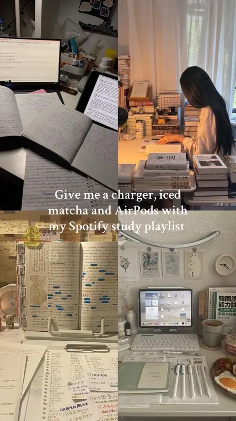The cover image is a vertically-oriented collage divided into four quadrants. The top left quadrant shows a desk with open books and a computer screen. The top right has a person with long dark hair working at a tidy desk filled with books. The bottom left displays a different desk spread with papers and books with highlighted text, and the final quadrant on the bottom right shows a desk with a keyboard, a tablet, and other items like a mug and a small picture. The image has a muted color palette, with focus on neutral tones like white, beige, and brown.