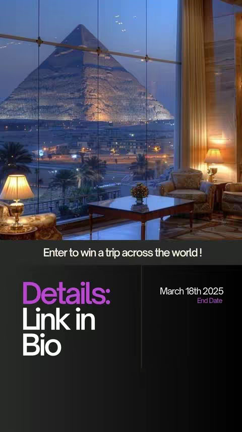 The cover image shows an interior view with a large window overlooking the Giza pyramids at night. The interior features a dark table, chairs and lamps. Text overlays promote a contest.