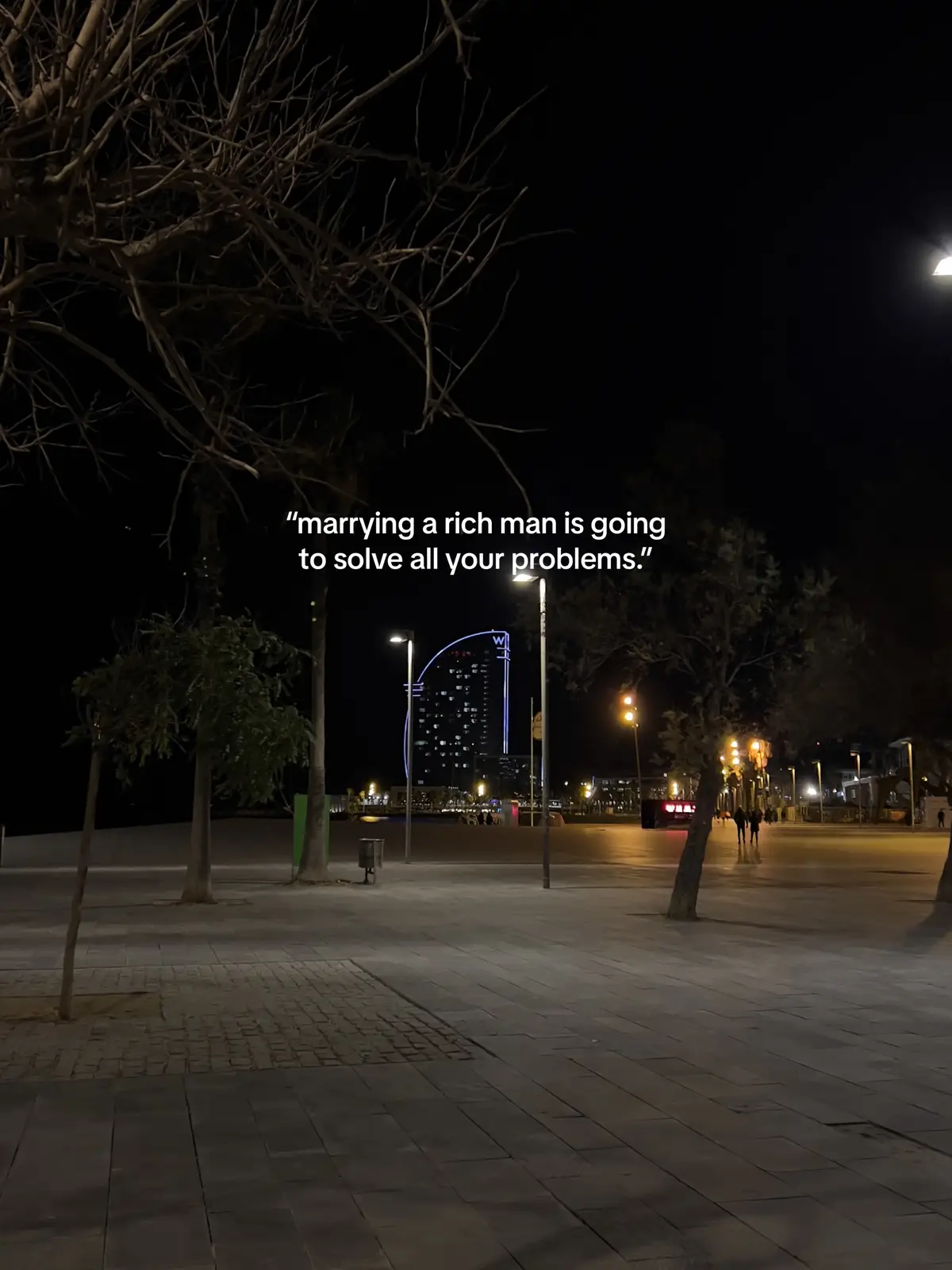 A night scene featuring a paved walkway, streetlights, trees, and a building lit up in the distance. The sky is dark, and the overall ambiance is nocturnal.