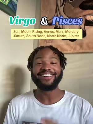 A man with a dark beard smiles at the camera. Overlayed text identifies the video's astrological theme, presented over a stylized background. The man is wearing a white shirt, and behind him is a tapestry.