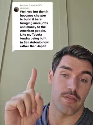 A man with dark hair and a mustache is pointing upwards with his right index finger. To his upper left is a comment bubble with text about the Toyota Tundra being built in San Antonio, Texas.