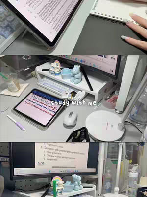 A multi-panel image showing a desk with multiple screens, notepads, and studying materials, with the text "study with me" overlaid.
