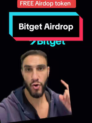 The cover image features a man with a beard and wearing a hoodie. The background is black. Text overlays include "FREE Airdrop token" in a red box, and "Bitget Airdrop" within a blue and red box. The man appears to be speaking with his hand up.