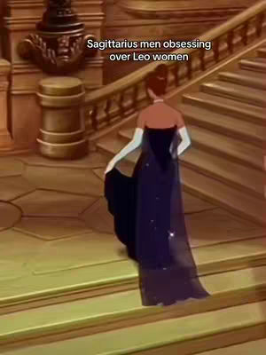 An animated scene, possibly from a movie or animation, featuring a staircase with a woman in the center. She is wearing a long, dark blue dress with a flowing skirt, and white gloves. The background suggests a grand hall, with a decorative railing and stone-like texture on the walls and stairs. There is text in the image overlaid on the top.