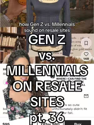 The image is a split screen design. The upper portion shows a glimpse of a shelf with books. Below the shelf is an image of a woman. The woman is in the lower part of the image looking at the camera. Her image is overlaid with a large text element that reads "GEN Z" on top and "MILLENNIALS" in a larger font at the bottom, split by the word "VS." in between. The background is busy, with various elements including what looks like a partially visible image of a dress form and other details from what might be a social media post.