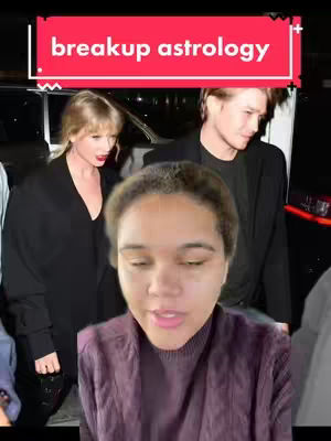 A woman is in the foreground, with a blurred foreground of herself, with a background of the celebrities Taylor Swift and Joe Alwyn, likely out in public. The woman in the foreground is centered in the image. The top-most element is a red bar with white text reading "breakup astrology". The image is dark, suggesting the scene takes place at night.