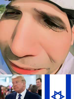 The cover image has a split layout. The top portion is a distorted close-up of a person’s face, featuring exaggerated features. The bottom half displays two elements: an image of Donald Trump looking down, and the flag of Israel.