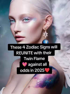The cover image features a stylized portrait of a woman with pale skin, light blue eyes, and white hair. She is adorned with a star-shaped earring and what appears to be a wing is behind her. Text overlayed on the image reads, "These 4 Zodiac Signs will REUNITE with their Twin Flame against all odds in 2025".