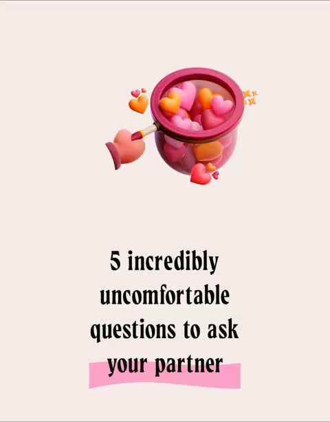 An image with a light beige background. A 3D illustration features a red net holding hearts of various sizes and colors. The net is being held by a hand-like handle with red details. Below the illustration, black text reads '5 incredibly uncomfortable questions to ask your partner' with the words 'your partner' highlighted in a pink rectangle.