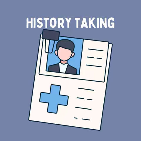 The cover image features a light blue background with a medical chart illustration. The chart is off-white, displaying horizontal lines and a blue cross symbol. Inside a section of the chart, there's a photo of a person with a short black hair, wearing a suit. Above the chart, in bold white letters, it says 'HISTORY TAKING'.