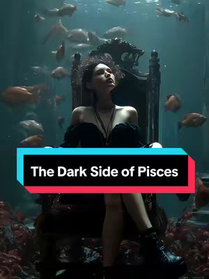 A woman sits on a throne in an underwater setting surrounded by fish. The text overlay reads: "The Dark Side of Pisces".