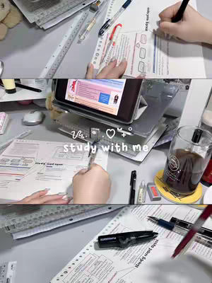 The image is a multi-panel shot of a desk, divided into a top section and a lower section. The top portion shows a person's hand writing on a piece of paper, next to a ruler and pens, the middle portion shows someone's hand writing in notes and a tablet in the background. The background is a desk with a cup of coffee or tea and pens scattered, representing a study or work environment. The color scheme is neutral with cool undertones. There is text overlay of "study with me"