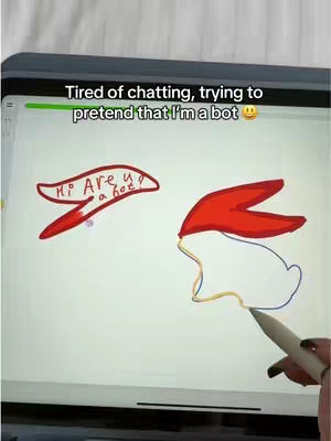 The image shows an iPad screen. The top has a banner with text. On the screen, there are drawings of a red flag with text inside, a rabbit with a red hat, and a hand with a pen. The background is white.