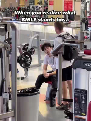 The cover image shows a medium shot inside of a gym. Two men are visible, with one sitting, seemingly surprised, and the other standing behind, appearing to be explaining something. The text overlay reads, "When you realize what BIBLE stands for..."