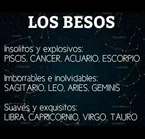 The cover image is a graphic with a dark-colored background speckled with white dots, resembling stars. At the top, large white text reads "LOS BESOS," and below it, lists of zodiac signs are categorized by different kissing styles, such as "Insolitos y explosivos," "Imborrables e inolvidables," and "Suaves y exquisitos."