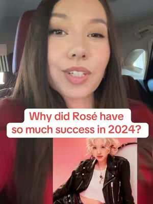 A woman is speaking directly to the camera, framed from the chest up, with the interior of a car visible in the background. Overlayed on her image is a white rectangular box with the text: "Why did Rosé have so much success in 2024?" Below this box is an image of Rosé in a black jacket. The overall composition is well-lit, with a focus on the speaker, and the added text and image.