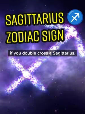 The cover image presents a dark, space-themed background, primarily in shades of purple and blue. The central focus is a glowing, stylized Sagittarius symbol, rendered in what appears to be white or light-blue light particles against the dark background. Above the symbol, the text "SAGITTARIUS ZODIAC SIGN" is displayed in a bright yellow font with a black outline, creating a high-contrast look to catch the viewer's attention. In the upper right corner, next to the text, there is a blue circle with an arrow that indicates the Sagittarius sign. Below it, there is a black horizontal rectangle, with the text in white. The overall layout is designed to highlight the astrological theme, with the illuminated Sagittarius symbol being the most prominent visual element.