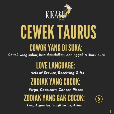 A graphic with a dark background, a gold header that says 'CEWEK TAURUS' and further information on Taurus women. The image contains the logo of 'KIKAKU WORLD' with a crescent moon, stars and some clouds on the top right.