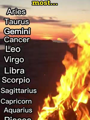 The image is a vertical composition. The background combines orange, yellow, and red hues, suggesting a sunset or fire effect. This backdrop has a fiery texture on the right side, mimicking flames. Overlayed on this is a list of the twelve zodiac signs in white text. The words are stacked with Aries at the top, followed by Taurus, Gemini, Cancer, Leo, Virgo, Libra, Scorpio, Sagittarius, Capricorn, Aquarius, and Pisces. The hook text 'most...' sits above the Aries at the top. The overall effect is dynamic and visually engaging with a warm color palette.
