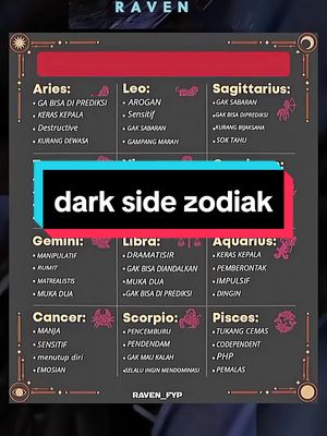 The cover image is a graphic listing the dark side traits of each zodiac sign. The background is a dark, textured pattern with decorative borders. The central element uses a rectangular black box displaying the words "dark side zodiak" in white text. Below that, the image outlines zodiac signs divided into blocks listing various negative traits associated with each sign. The aesthetic is designed to intrigue and possibly inform viewers about the more negative attributes of each zodiac personality.