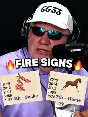 The image is a medium shot featuring a man wearing a white cap with 'GG33' printed on it, sunglasses, and headphones. He is holding a microphone and a 'Shure' logo is visible. Below are cards with astrological sign details. The background is black.