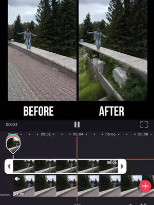 The cover image is a split-screen comparison showcasing "Before" and "After" video editing effects. The "Before" part features a wide shot of a person walking on a path with a cityscape in the background and trees. The "After" part shows the same shot with the person in an unnatural environment with a broken bridge. Below the split image is a timeline of a video editor.