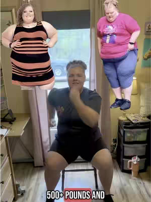 The image features a woman in the center, seated and exercising, styled with a collage of two other images of the same person, who is styled as a weight loss success before and after picture. The woman in the center is sitting on a chair in front of a window with white curtains. The background includes a desk to the side with decor and a neutral color palette with soft lighting.