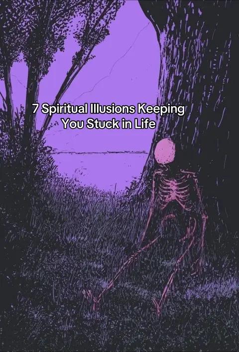 An illustrated image depicts a dark, eerie scene. A skeleton figure stands beneath a tree, with a purple background, and tall, dark grass in the foreground. Text overlayed reads, '7 Spiritual Illusions Keeping You Stuck in Life'